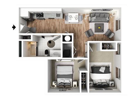 Floor plan for 2 beds, 1 bath, 728 sqft